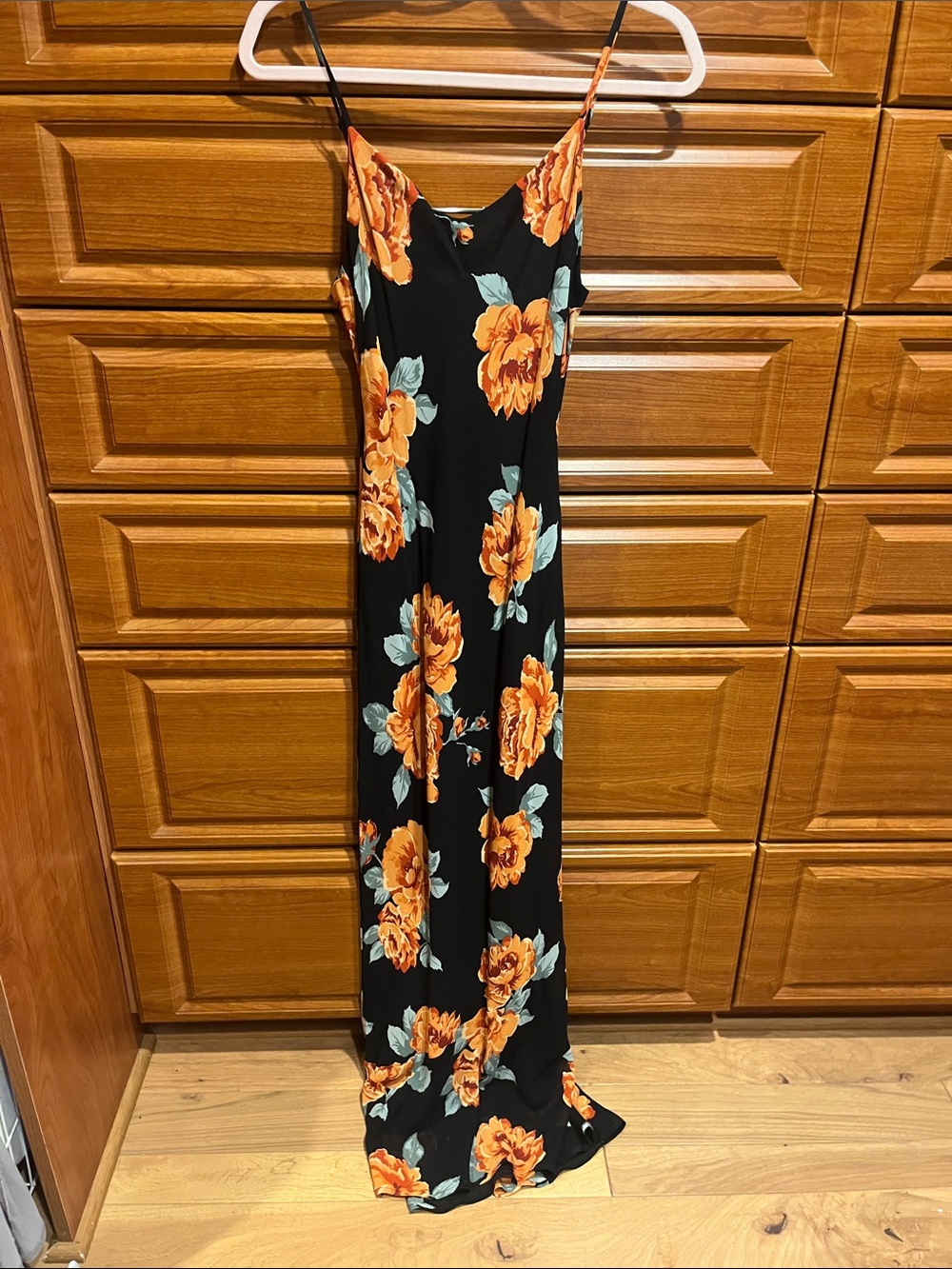 Reformation Black Slip Dress with Orange Floral Pattern